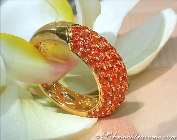 Gelbgold 585 Pave Ring mit orangen Saphiren