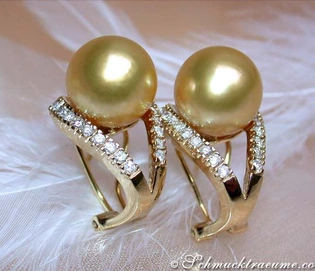 Goldene Südseeperlen Ohrstecker mit Brillanten, elegant und schimmernd, auf Federhintergrund.
