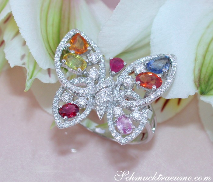 Weißgold Schmetterling-Ring mit Regenbogen-Saphiren und Brillanten