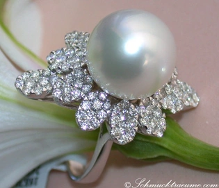 Weißgold-Ring mit großen Südseeperle und Diamanten, Detailaufnahme
