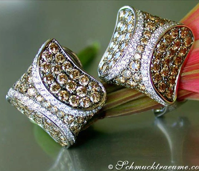 Naturbraune und weiße Brillanten verzierten Ohrstecker in Weißgold 585, detailreich und elegant. Naturbraune und weiße Brillanten verzierten Ohrstecker in Weißgold 585, detailreich und elegant.