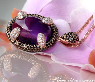 Roségold-Anhänger mit Amethyst und Brillanten, schwarz-weiße Diamanten, luxuriöse Schmuckstücke