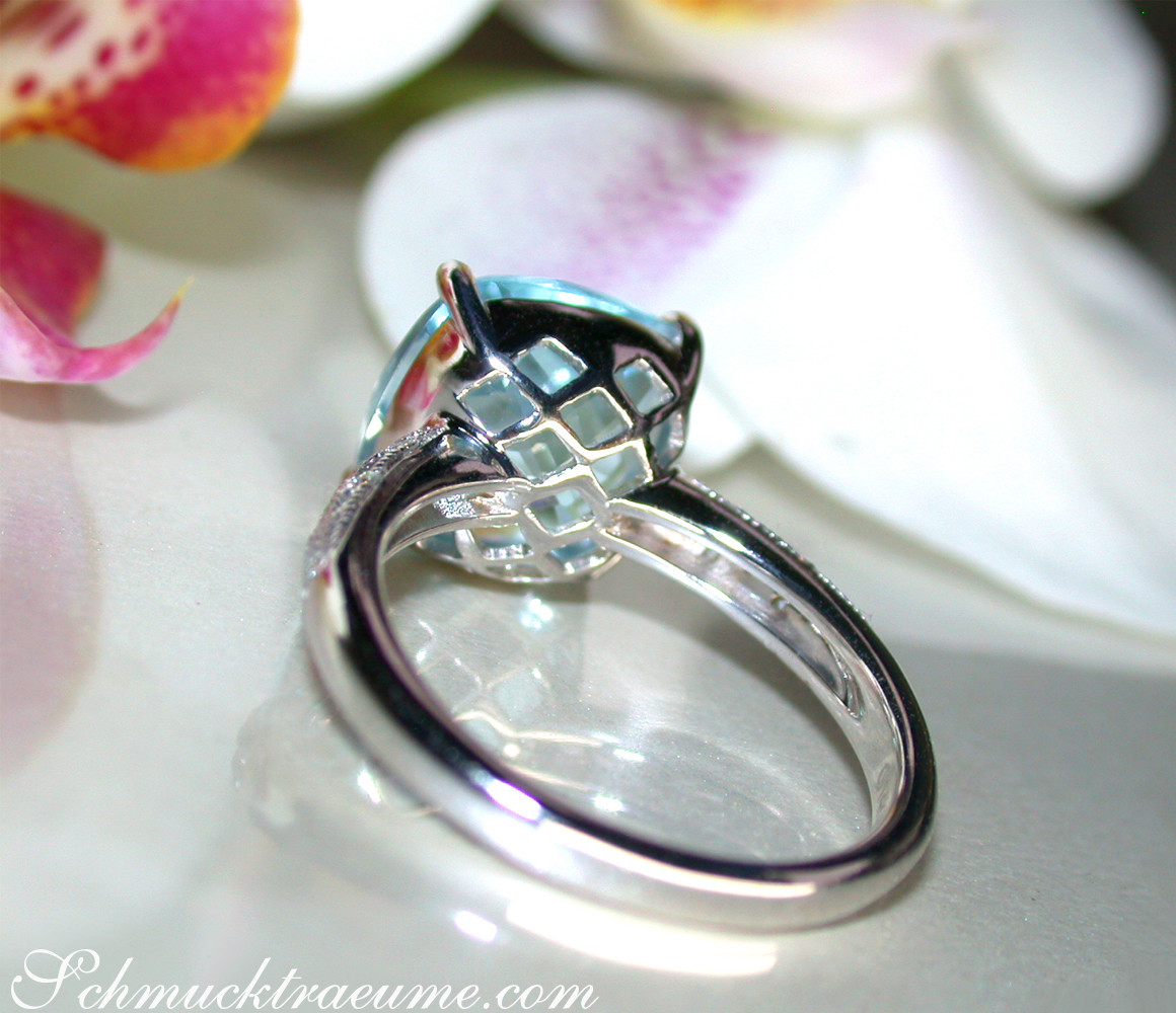 Weißgold-Ring mit Blautopas und Diamanten, Detailaufnahme, Blüten im Hintergrund.