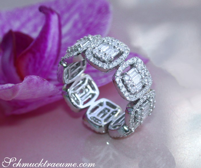 Erstklassiger Diamant Memory Ring im Carré Design, Weißgold 750, 2.180 Karat, TW SI, baguette & brillant