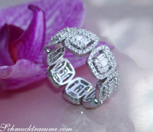 Erstklassiger Diamant Memory Ring im Carré Design, Weißgold 750, 2.180 Karat, TW SI, baguette & brillant