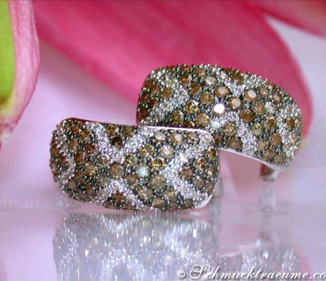 Halb Creolen mit braunen und weißen Diamanten, Detailaufnahme, elegant, glänzend. Halb Creolen mit braunen und weißen Diamanten, Detailaufnahme, elegant, glänzend.