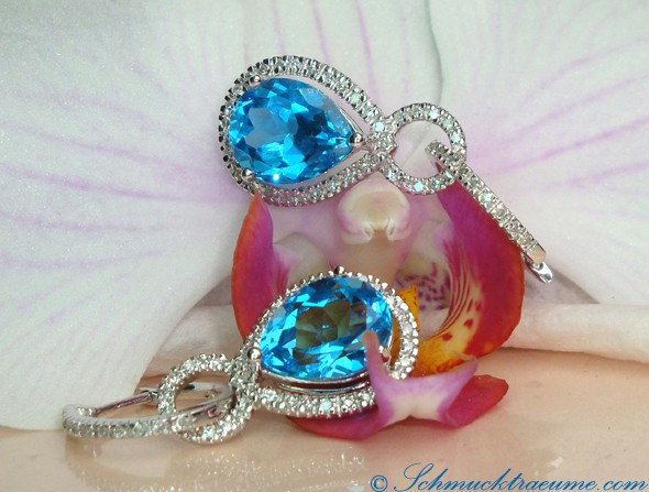 Blautopas-Ohrhänger mit Diamanten in Weißgold, Detailaufnahme