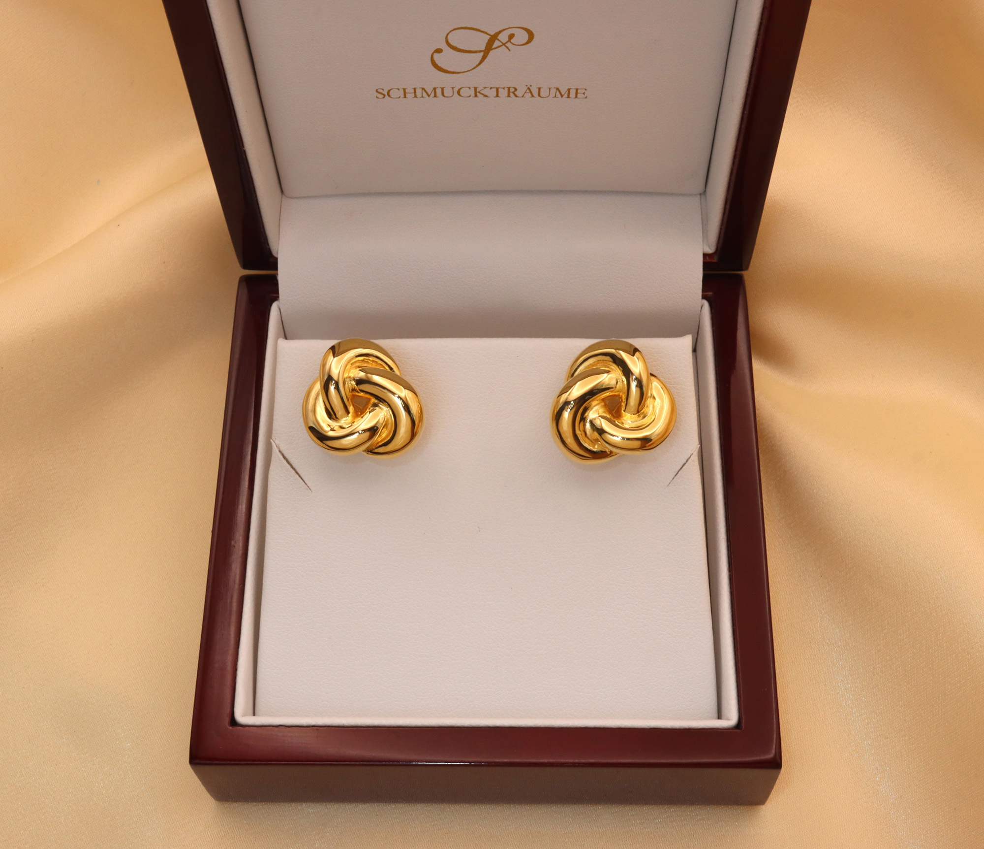 Goldene Knoten-Ohrstecker in 585er Gelbgold, elegant in Geschenkbox, hochglänzend.