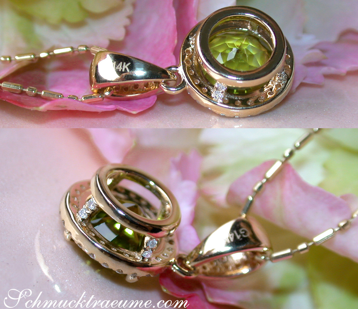 Peridot-Anhänger mit Diamanten in Gelbgold 585, Detailaufnahme.