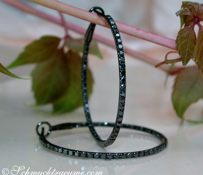 Schwarze Diamant-Creolen mit 1.050 Karat in Weißgold 585, zarte Ohrschmuck-Designs Schwarze Diamant-Creolen mit 1.050 Karat in Weißgold 585, zarte Ohrschmuck-Designs