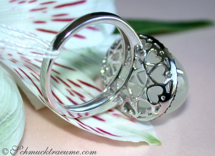 Silbergrauer Mondstein-Ring mit schwarzen Diamanten, Detailaufnahme, Blütenhintergrund