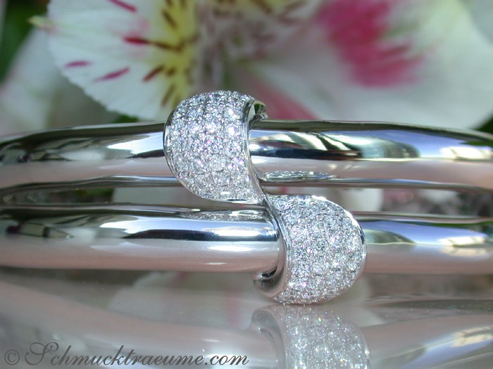 Silberner Diamant-Armreif mit Blütenhintergrund