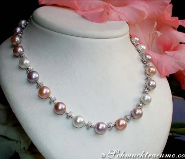 Edles Multicolor Süßwasserperlen-Collier mit pastellfarbenen Perlen, makellosem Hochglanz auf Halsbügel vor Blumen. Edles Multicolor Süßwasserperlen-Collier mit pastellfarbenen Perlen, makellosem Hochglanz auf Halsbügel vor Blumen.