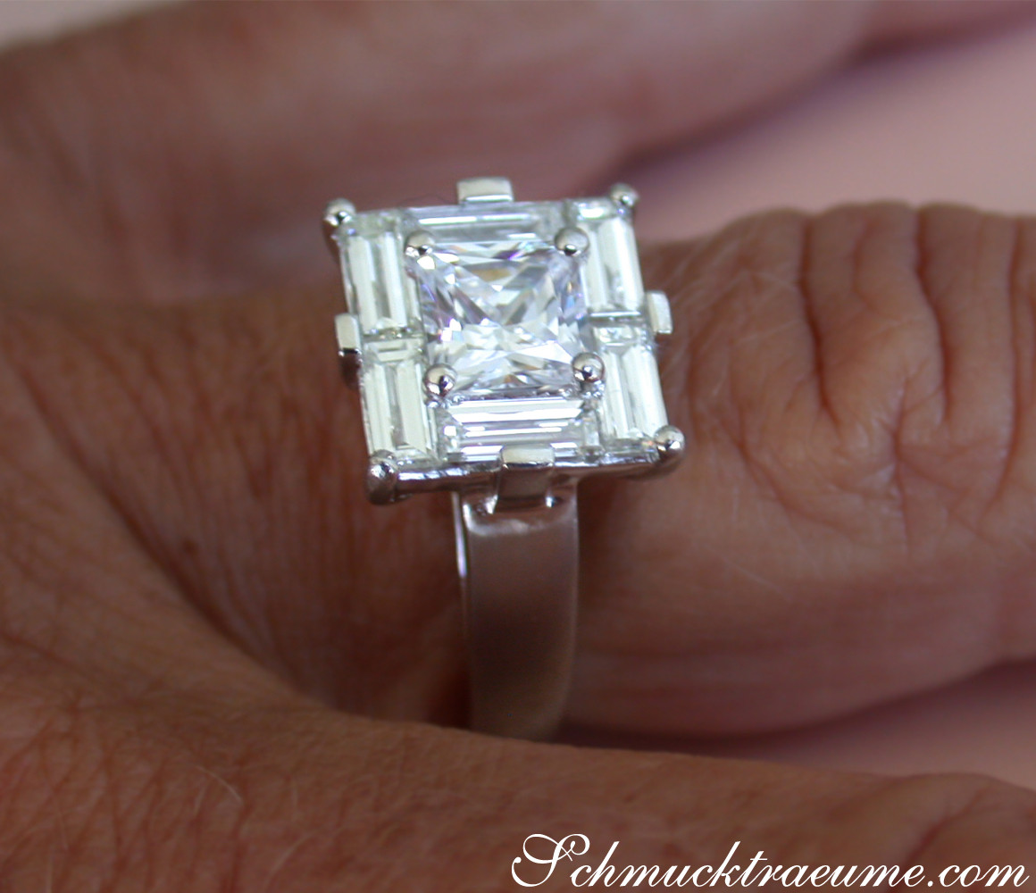 Platin-Princess-Diamant-Ring mit Baguette-Diamanten, 1.420 Karat TW VS2
