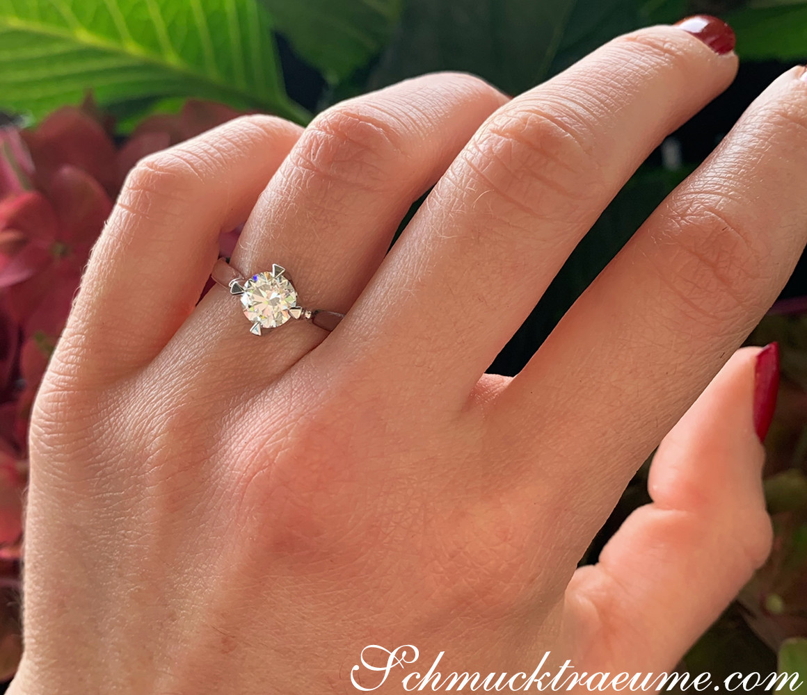 Hand mit Brillant Solitär-Ring, detailreich, vor grünen Blättern