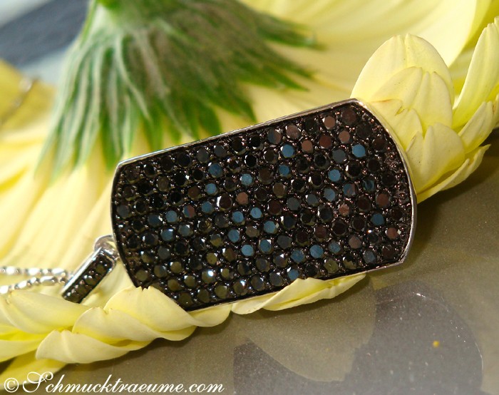 Schwarzdiamant-Dog-Tag-Anhänger mit feinen Details auf Blume liegend