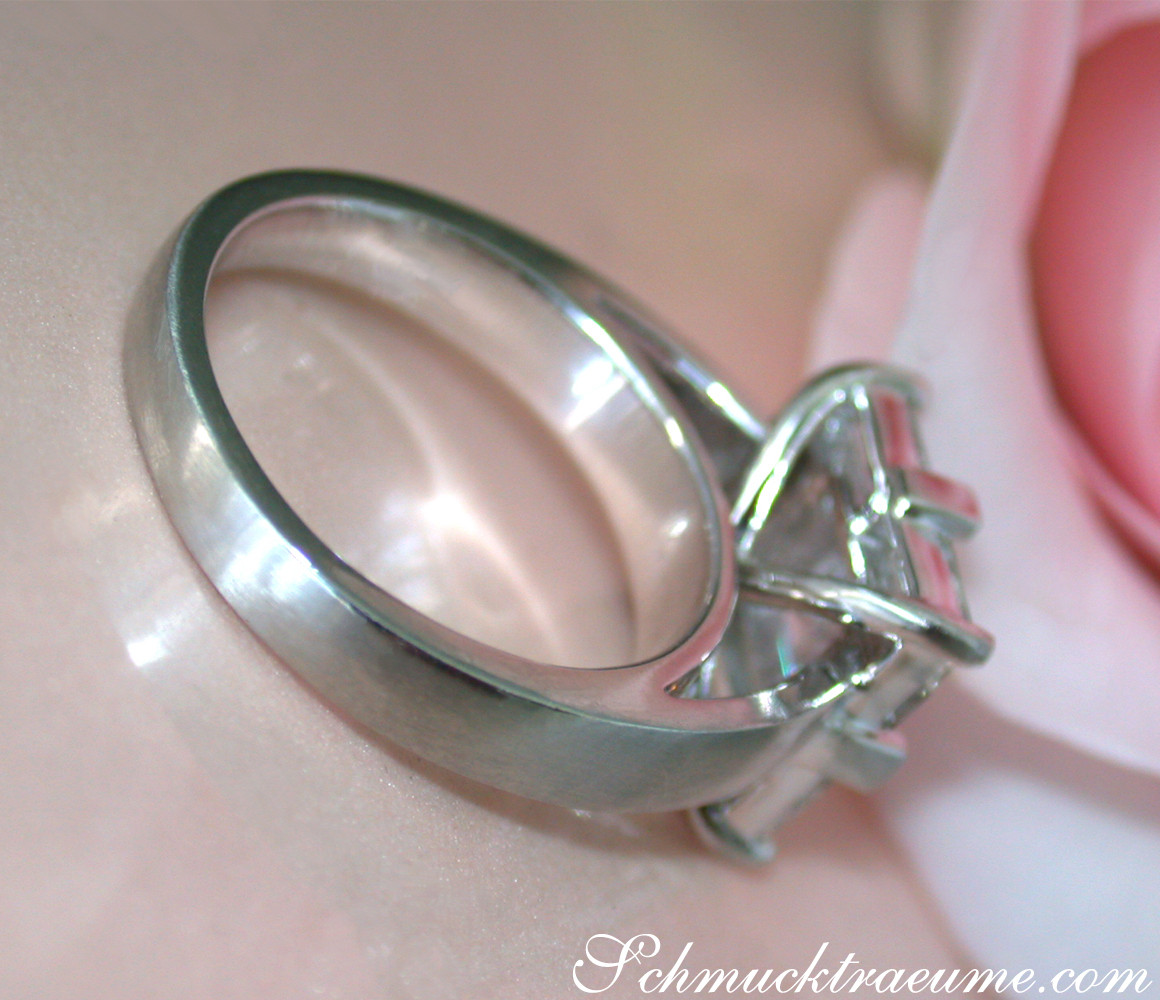 Platin-Princess-Diamant-Ring mit Baguette-Diamanten, Detailaufnahme, elegant getragen.
