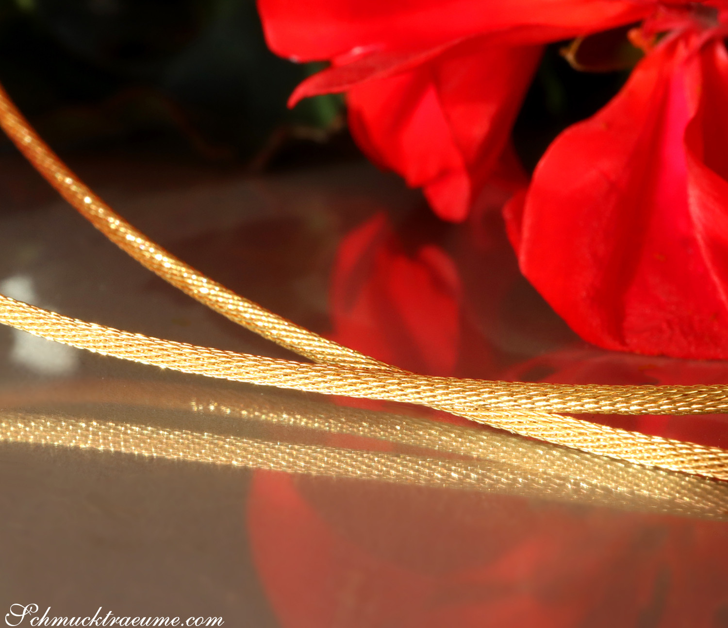 Goldenes Collier mit strahlenden Brillanten, Detailaufnahme der Kette und roten Blüten im Hintergrund.