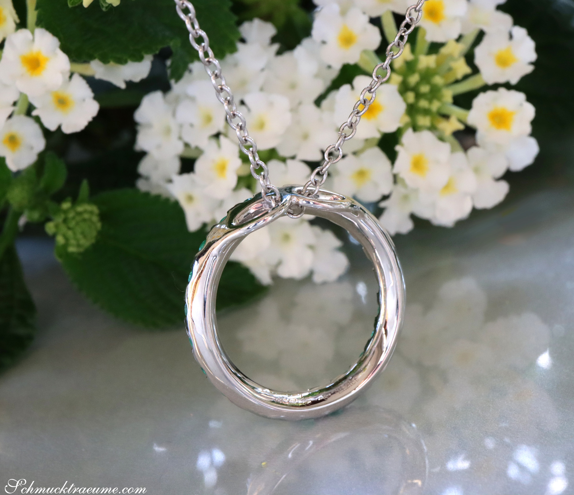 Silberner Smaragd Kreis-Anhänger mit Kette, blühender Blume im Hintergrund