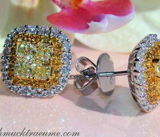 Exklusive Ohrstecker mit Radiant-Schliff gelben Diamanten und weißen Brillanten in Weiß- und Gelbgold 750