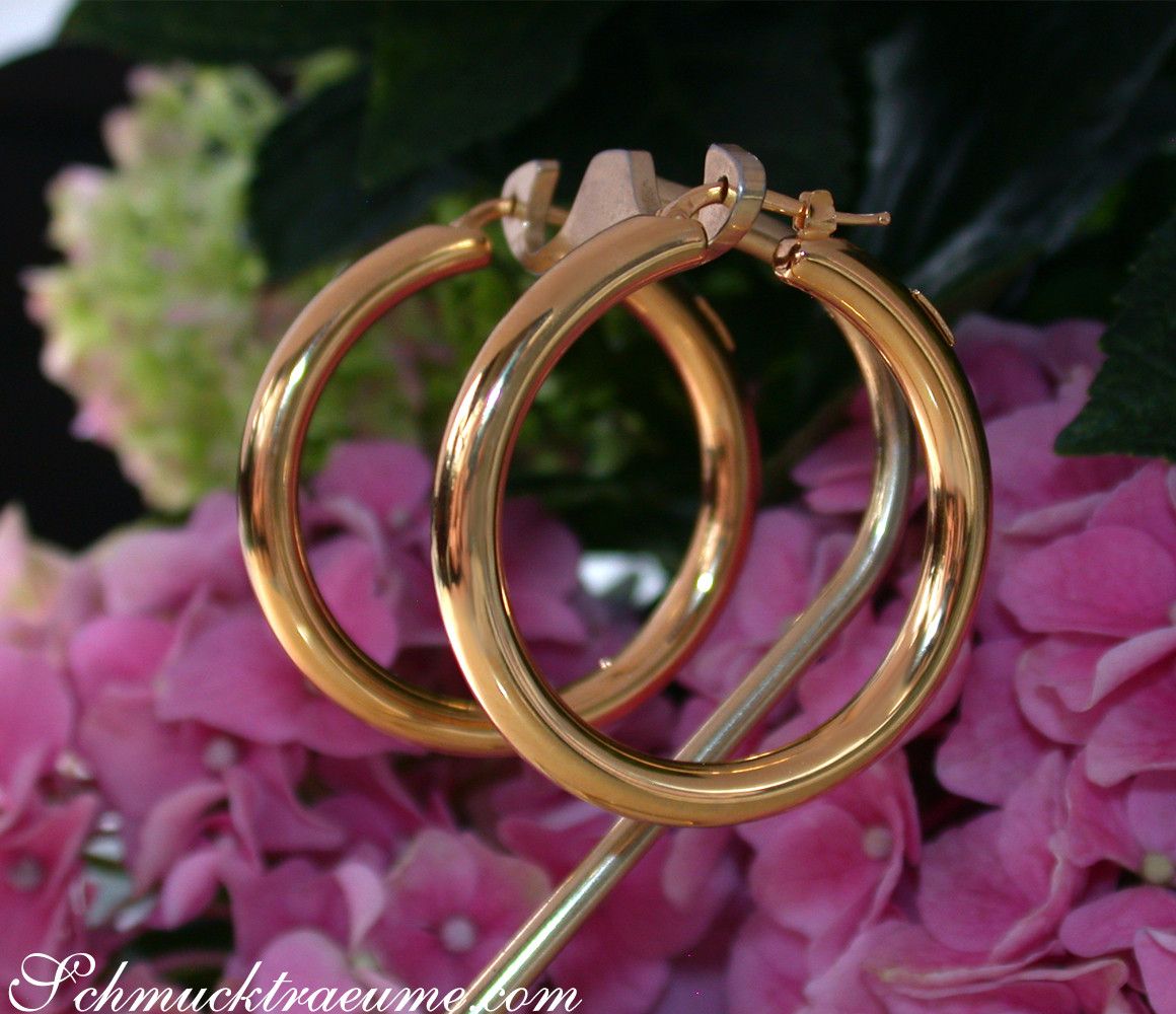 Goldene Creolen auf Hortensienblüten, Detailaufnahme, Tragekomfort