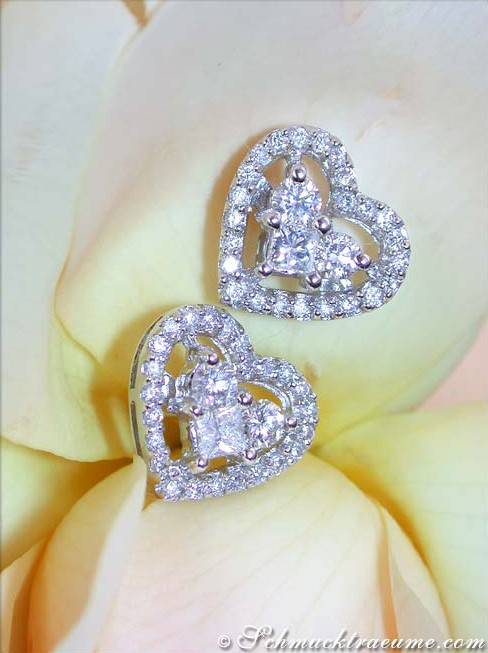 Feine Brillanten Herz Ohrstecker mit Princess Diamanten - Image 3
