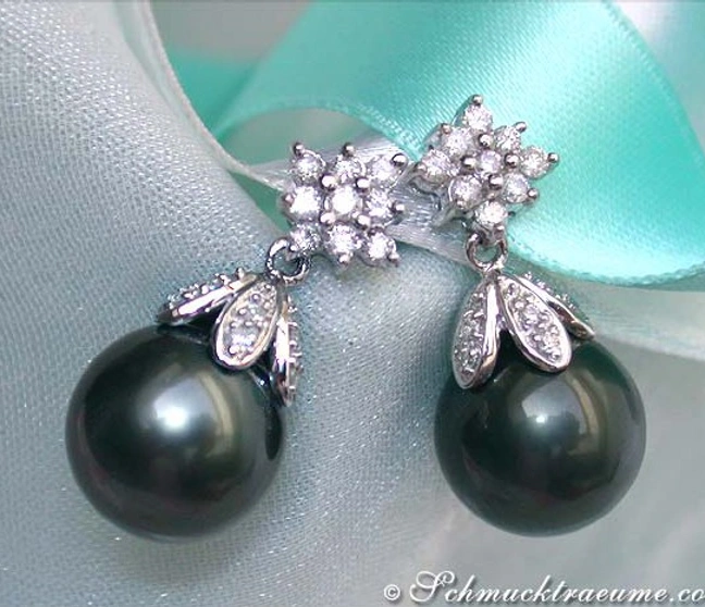 Schmucktraume: Edle Tahitiperlen mit Brillanten Carré Ohrstecker auf blauem Satin. Schmucktraume: Edle Tahitiperlen mit Brillanten Carré Ohrstecker auf blauem Satin.