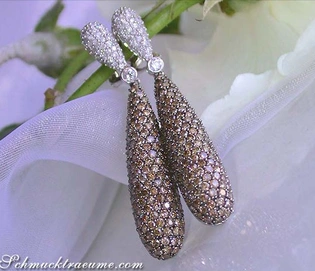 Diamantohrringe mit braunen und weißen Diamanten, elegant auf weißer Blume präsentiert.