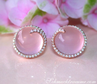 Rosenquarz Ohrstecker mit Brillanten in Roségold 750