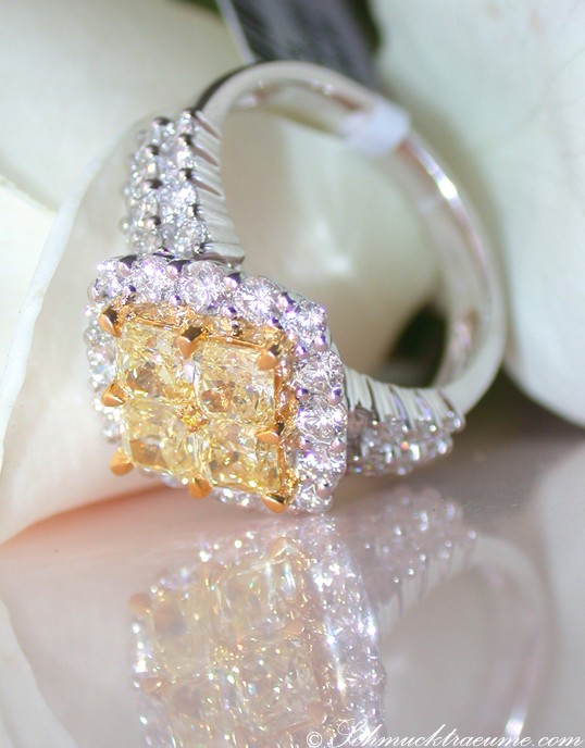 Detailansicht des gelben Diamanten-Rings mit Brillanten, makellose Verarbeitung, reflektierender Blume im Hintergrund.