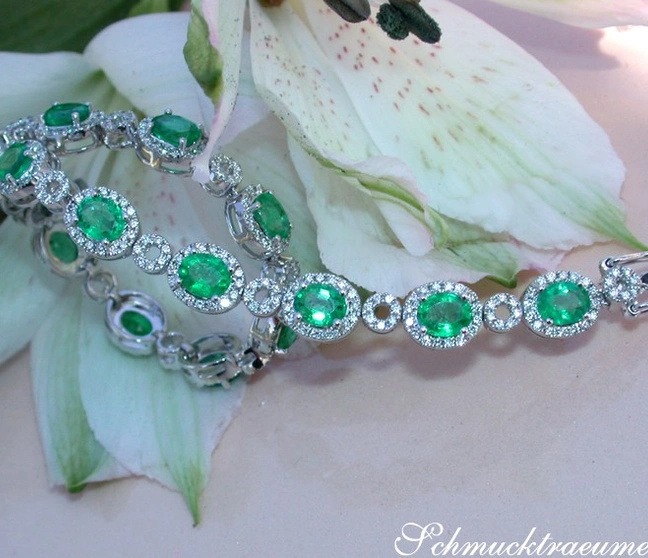 Weißgold Armband mit Smaragden und Brillanten, detailreich, auf Blütenblatt gelegt Weißgold Armband mit Smaragden und Brillanten, detailreich, auf Blütenblatt gelegt