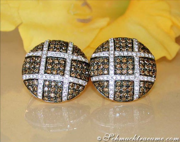 Extravagante Ohrstecker mit braunen & weißen Brillanten, gelbgold 585, Detailaufnahme