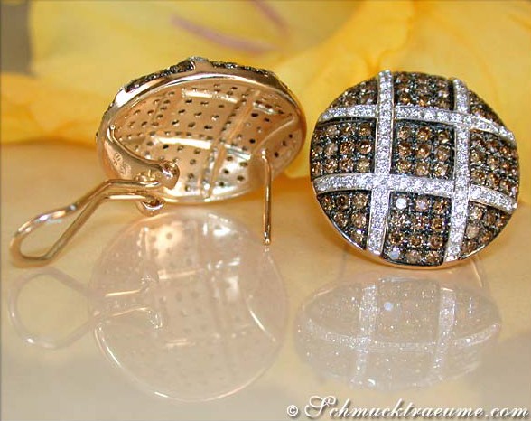 Goldene Ohrstecker mit braunen und weißen Brillanten, Detailaufnahme