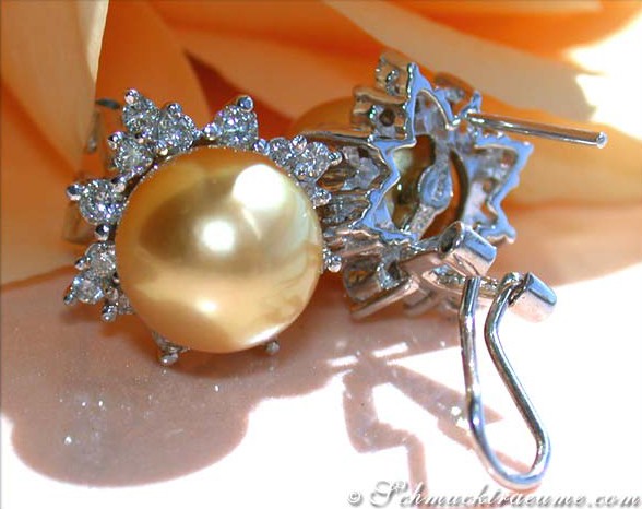Goldene Südseeperlen-Ohrstecker mit Diamanten im Stern-Design, Detailaufnahme, Weißgoldverarbeitung