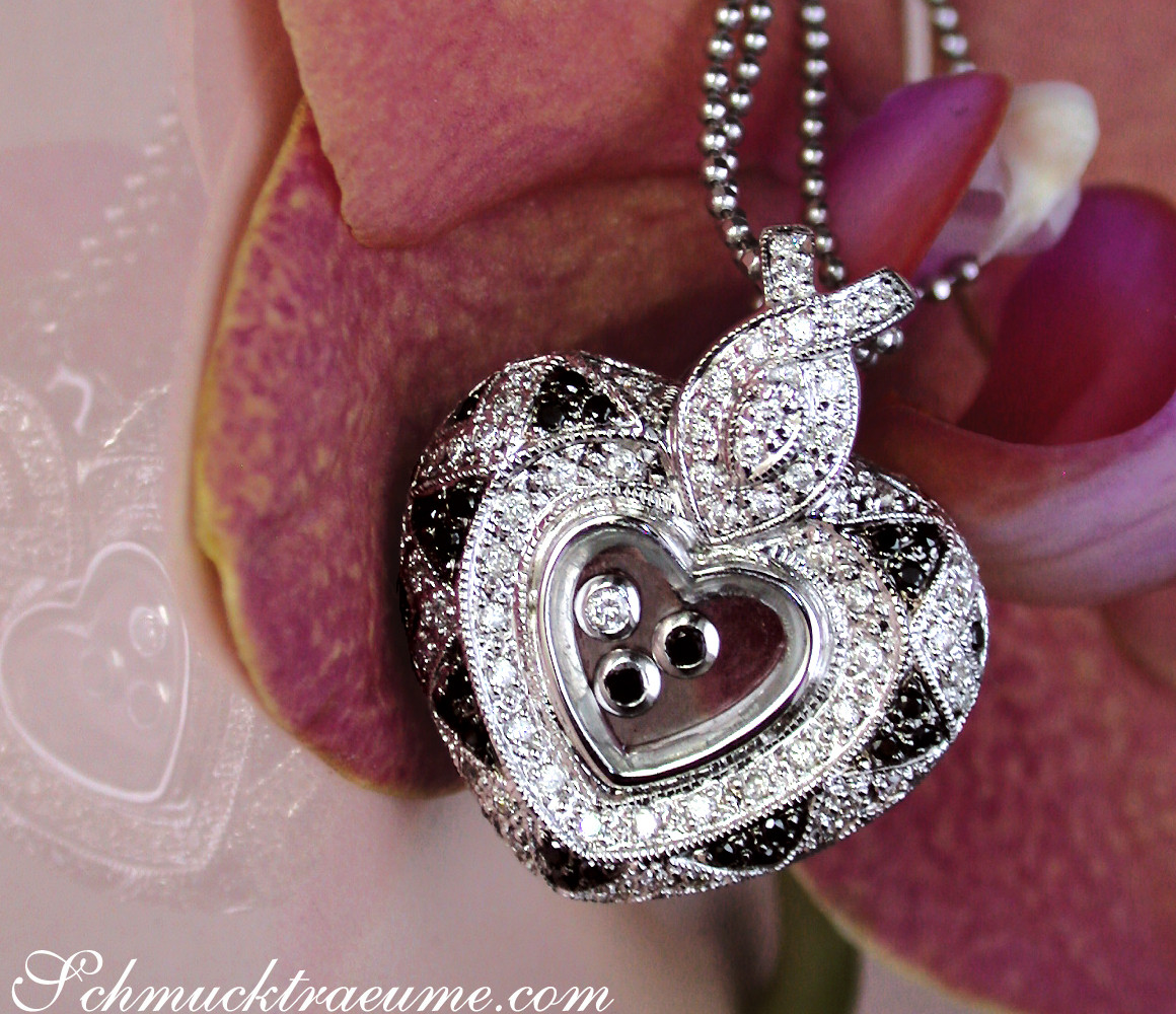 Weißgold Herz-Anhänger mit schwebenden schwarzen Diamanten