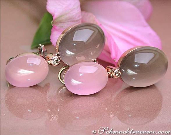 Rosenquarz-Rauchquarz-Ohrgehänge in Roségold 750