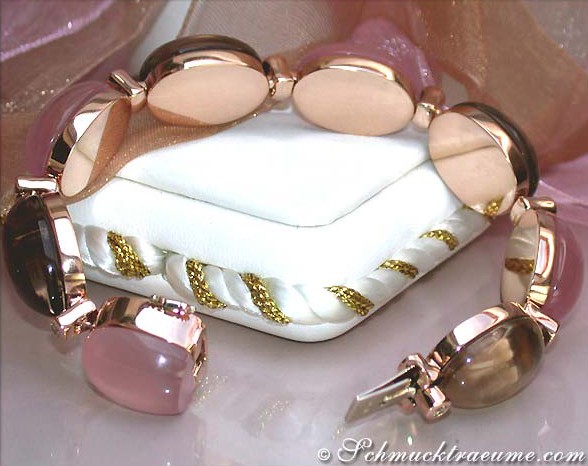 Rosenquarz-Armband mit Rauchquarzen und Brillanten, detailreiches Design