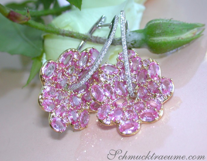 Rosa Saphir-Ohrringe im Blüten-Design, ovaler Schliff, Gelb- & Weißgold 750