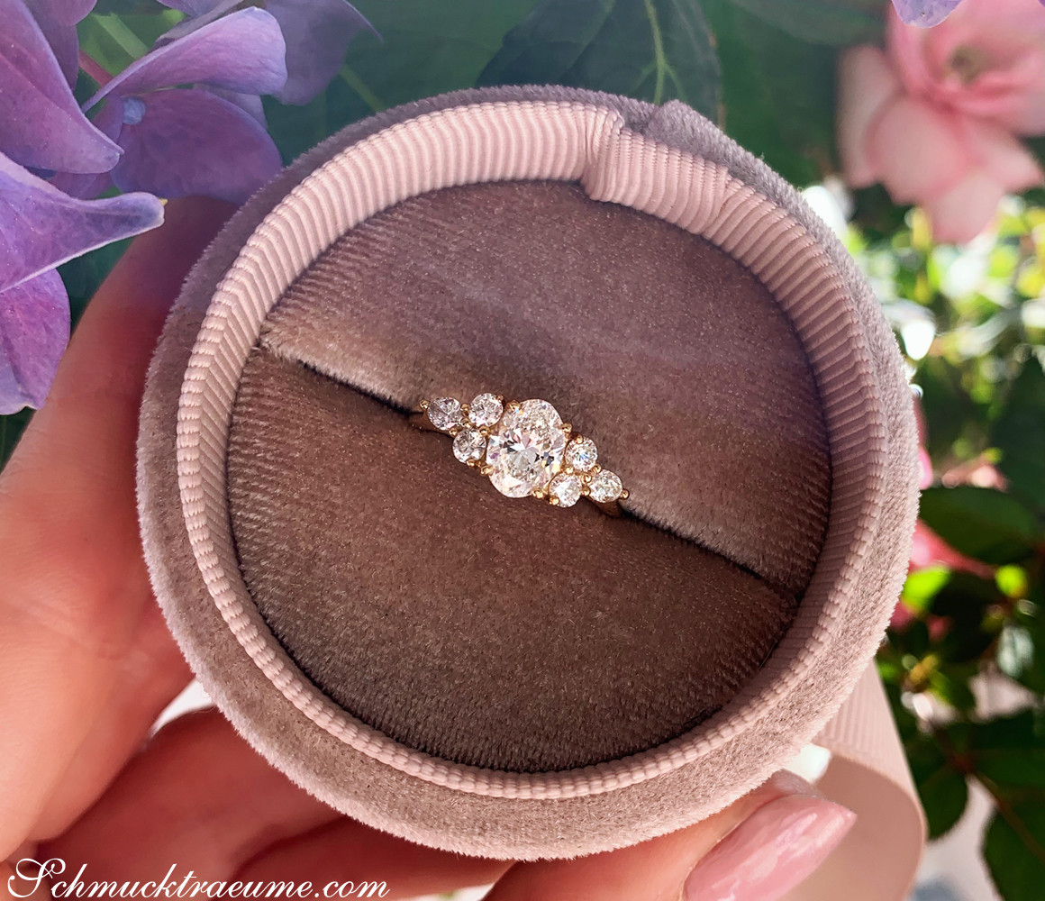 Rosenblätter im Hintergrund, Diamant-Solitär-Ring im Ovalschliff, Ringkasten, Hand mit Nagellack