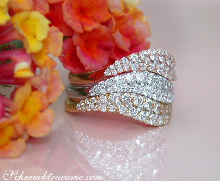 Glänzende Diamantringe in Goldfarben, Detailaufnahme mit Blumen im Hintergrund