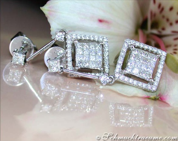 Diamantohrringe Carré Design, detailreich, weißgold, prinzessdiamanten, brillantenbesetzt