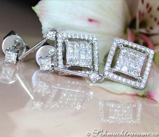 Diamantohrringe Carré Design, detailreich, weißgold, prinzessdiamanten, brillantenbesetzt