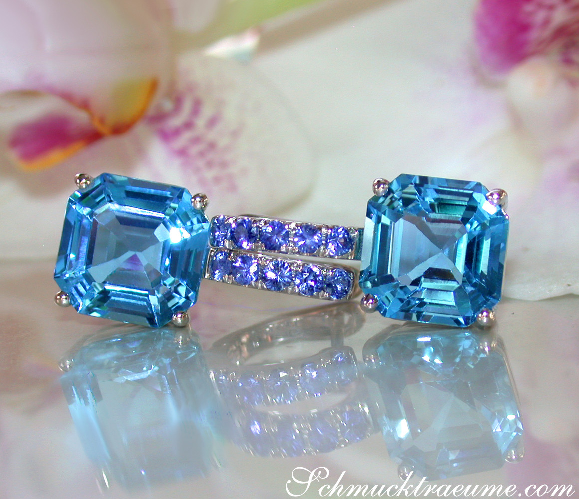 Blautopas-Ohrsteine mit Saphiren in Weißgold 585, Detailaufnahme