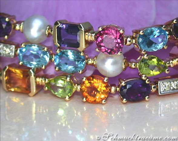 Gelbgold-Armband mit Diamanten, Perlen und farbigen Steinen, Detailaufnahme