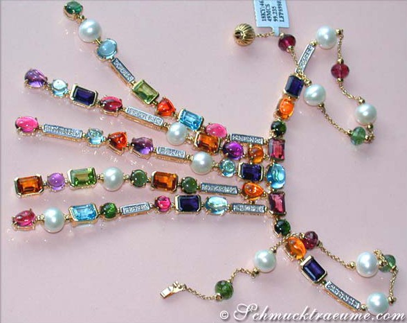 Luxuriöses Multicolor Edelstein Collier mit Perlen & Diamanten - Image 2