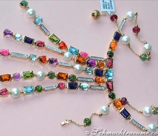 Luxuriöses Multicolor Edelstein-Collier mit Perlen & Diamanten, gelbgold 750, 66.690 Karat, 69,15 Gramm