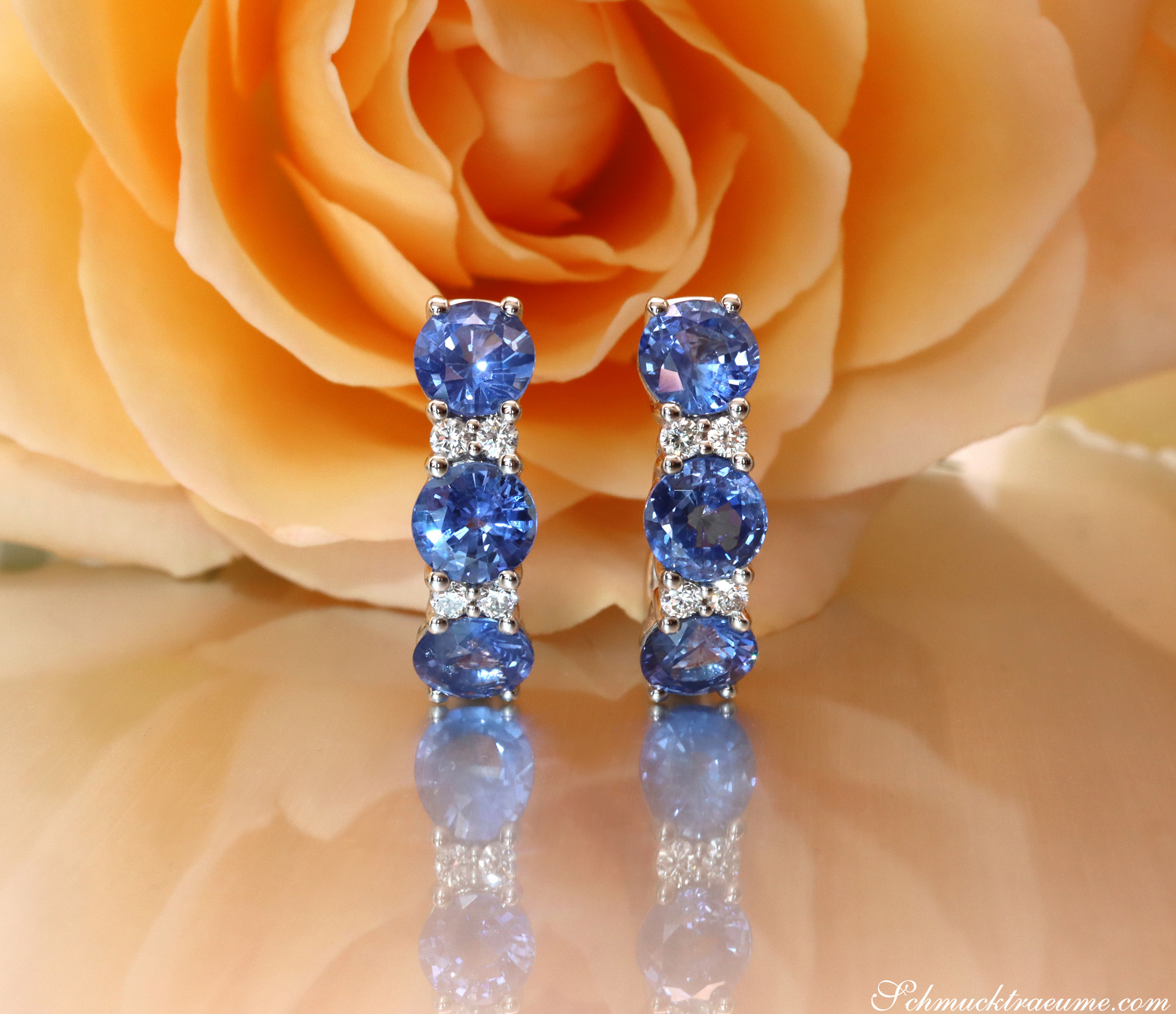 Blau-saphir-Ohrringe mit Brillanten, elegant auf Rosenblüte präsentiert
