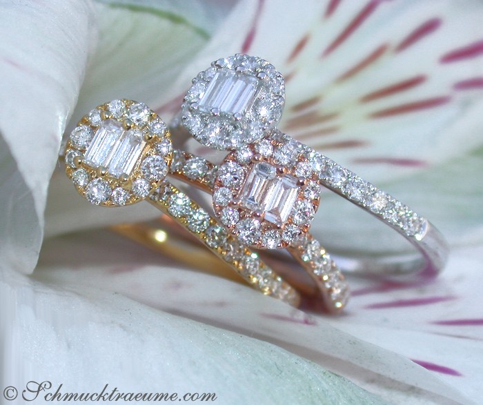 Detailansicht von Diamant-Ringen mit Baguette- und Runddiamanten in Weiß-, Gelb- und Roségold