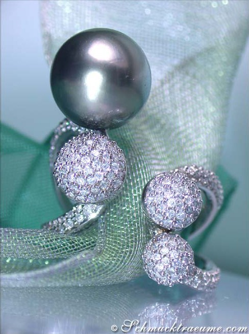 Tahitiperlenring mit Diamanten, Weißgold, 11-12 mm, detailreich, hochglänzend