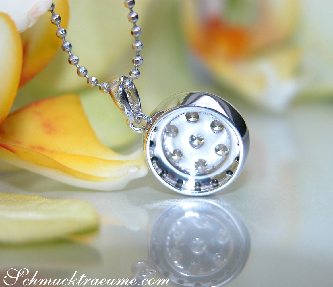 Silberner Anhänger mit Diamanten, Detailaufnahme, Blume im Hintergrund